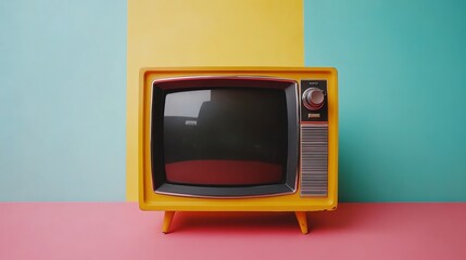 An old-fashioned television set with a blank screen against a colorful wall.