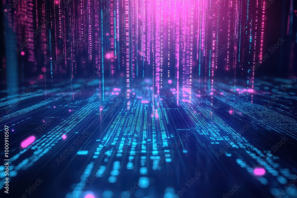 Poster futuristic data flow, vibrant colors, digital code patterns, holographic texture