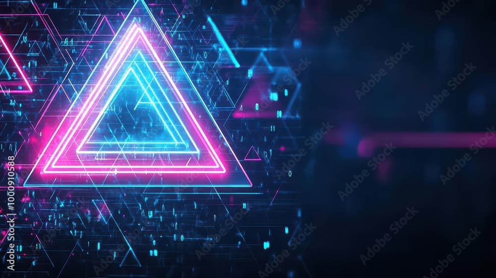 Poster floating triangle patterns, neon lights, abstract future design, glowing edges, dark space