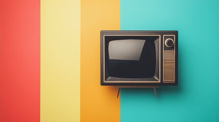 A vintage television set with a blank screen against a colorful striped wall.