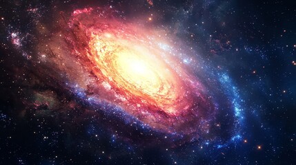 Fototapeta premium Bright core and star-rich spiral arms of a galaxy illuminated in dominant red and blue hues, showing cosmic depth.