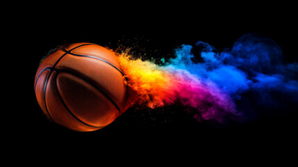 Fototapeta premium A vibrant basketball with colorful smoke trails against a dark background, showcasing energy and excitement in sports.