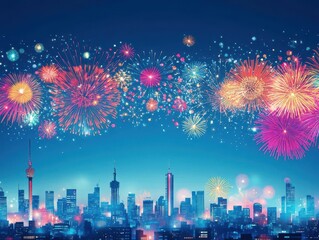 Obraz premium Fireworks lighting the night sky, festive cityscape, flat design illustration