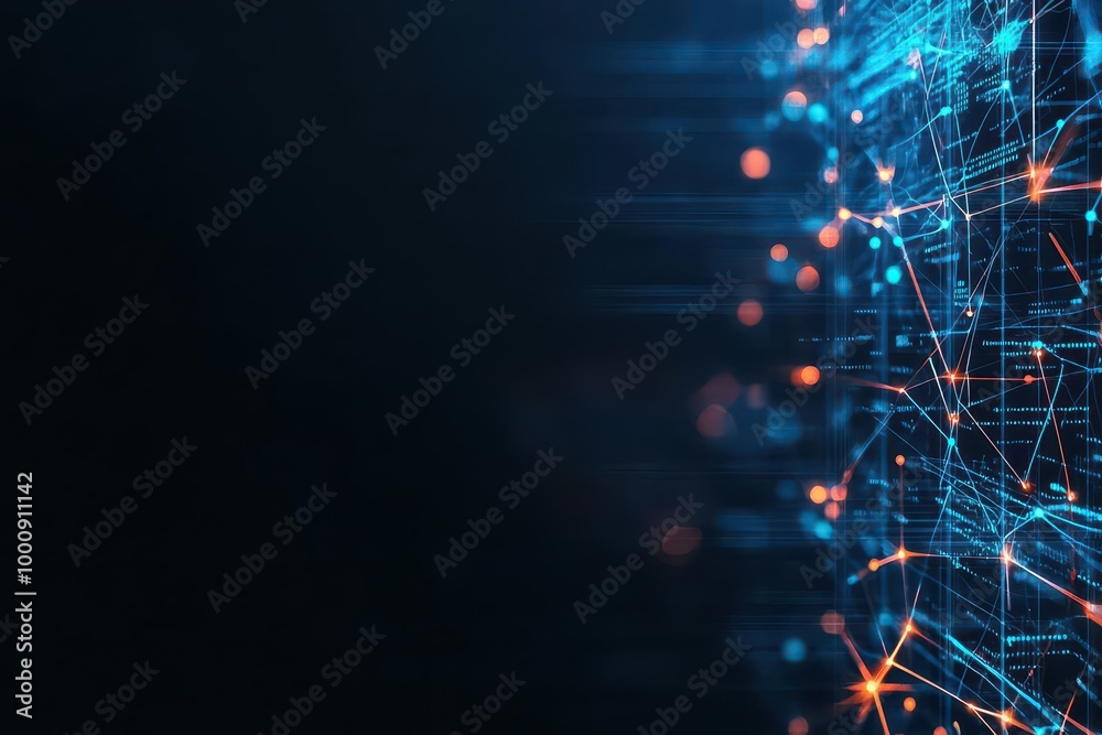 Poster Digital neural network, glowing lines, abstract tech interface, dark background