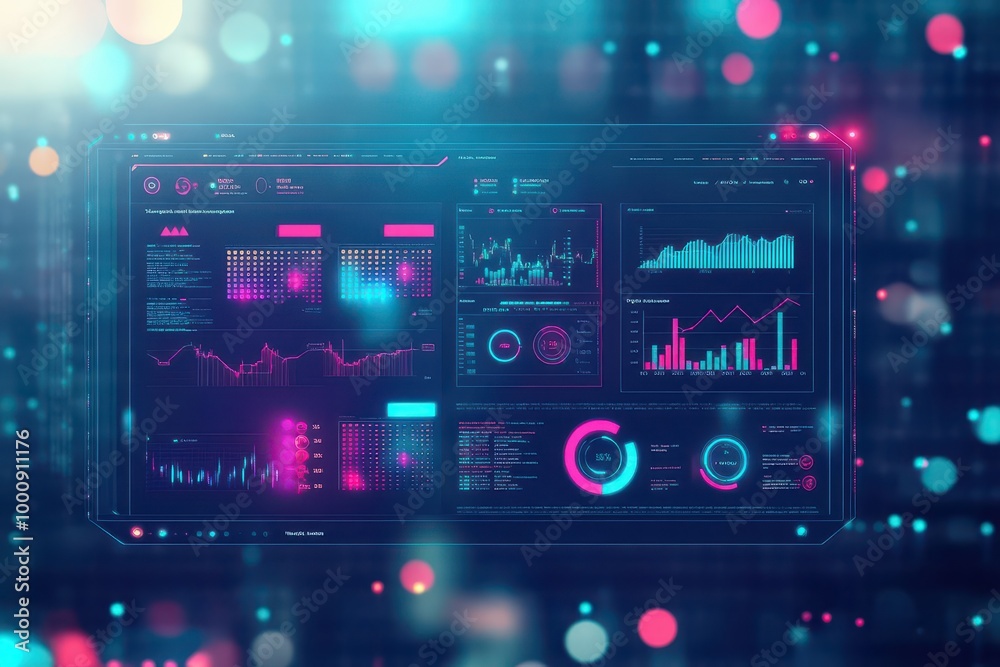 Poster digital dashboard in a futuristic business setting showing the year s market predictions, pop art, b