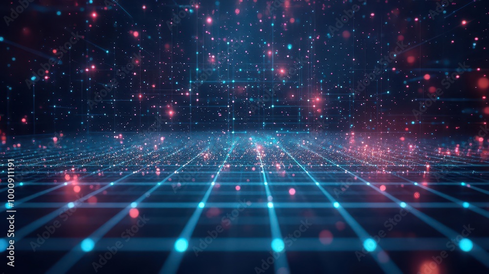 Poster digital space grid, abstract floating particles, glowing holographic textures