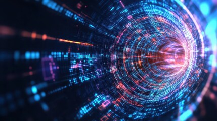Obraz premium Digital vortex, swirling data streams, bright holographic colors, abstract tech scene