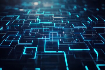 Naklejka premium Complex geometric squares forming a futuristic maze, neon blue highlights, dark gradient background, digital art, scifi theme