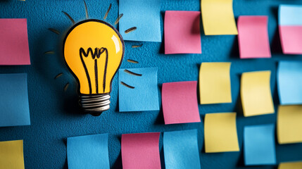 A bright light bulb surrounded by colorful sticky notes, symbolizing creativity and brainstorming in a workspace.