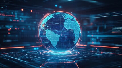 Fototapeta premium Business professional analyzing global marketing trends on holographic globe, futuristic tech, glowing neon lines, hightech, digital painting