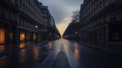 Fototapeta premium A deserted street in Paris at dawn.