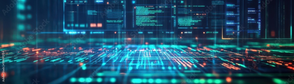 Aufkleber AIpowered marketing analytics dashboard with glowing data streams, sleek neon blue and green interface, futuristic tech theme, 3D rendering
