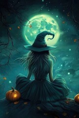 Woman in witch hat on rock with pumpkins