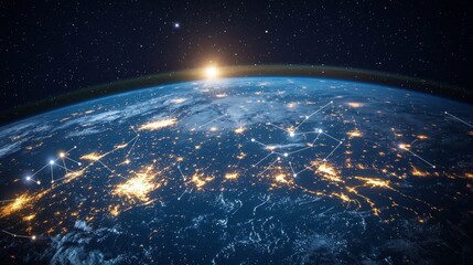 Obraz premium Earth at night from space, highlighted by city lights and digital connections across continents against a starry background.