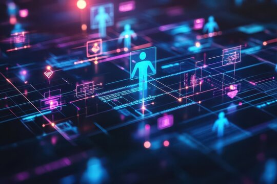 AIdriven customer segmentation tool, holographic human figures, vibrant data, glowing digital lines, abstract marketing concept, 3D illustration