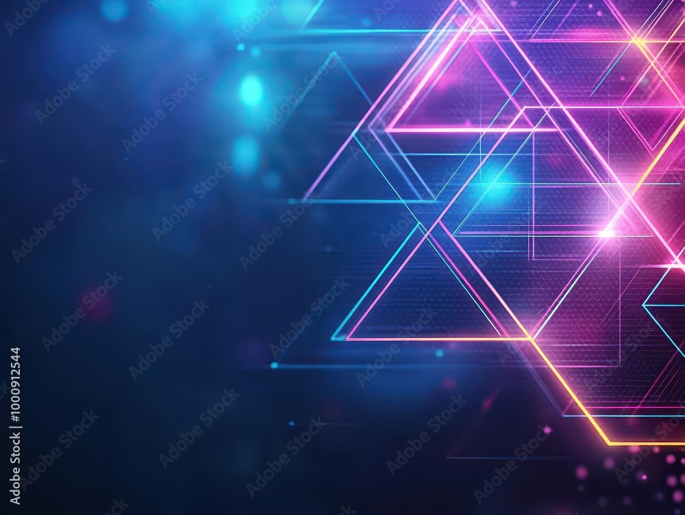 Poster abstract futuristic triangle grid, glowing neon edges, dark minimalistic background, hightech geomet
