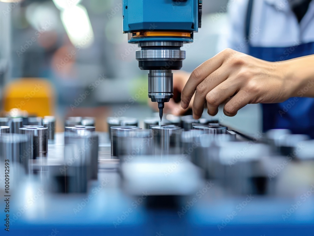 Leinwandbilder a worker programming a cnc machine to cut metal, cnc machining process, precision manufacturing