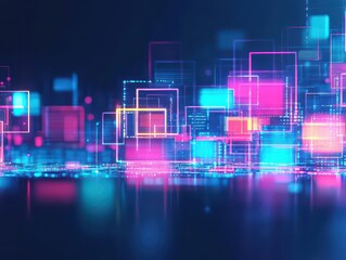 Obraz premium Abstract city skyline made of glowing squares, neon reflections, dark futuristic background, minimalistic, 3D digital art