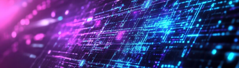 Abstract digital matrix, geometric shapes, glowing holograms, purple and blue tones