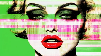 A stylized portrait of a woman with bold makeup, featuring glitch effects and bright colors, creating a striking contrast against a vivid green background. © TPS Studio
