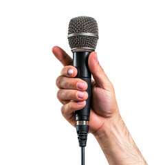 hand holding microphone on transparent background, clipping path, png, 