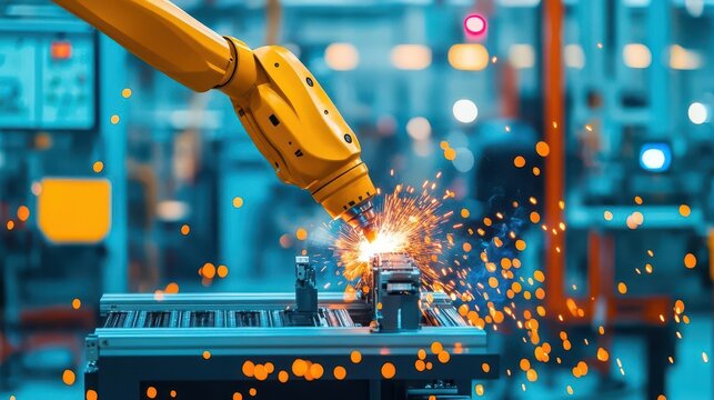 A robotic arm welding parts together in an automotive manufacturing plant, robotic welding, car production