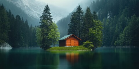 Fototapeta premium Serene Cabin on an Island in a Tranquil Lake