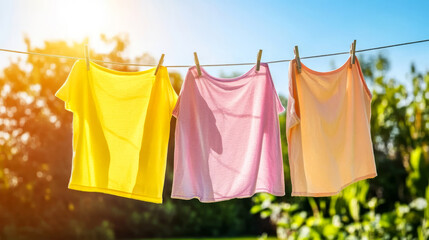 Three colorful shirts hanging on a clothesline under a bright sun, surrounded by greenery, showcasing a vibrant and cheerful outdoor laundry scene.