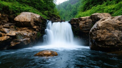 A serene waterfall cascading over rocks into a clear pool, surrounded by lush greenery and scenic mountains, inviting tranquility and natural beauty.