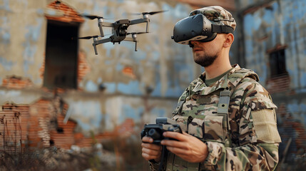 A military man in virtual glasses controls an fpv drone. Neural network AI generated art