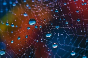Obraz premium Vibrant Close-Up of Spider Web Covered in Dew Drops, colorful, macro photography, nature, spider silk, water droplets,