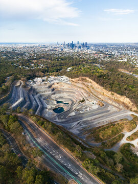 Aerial view of a quarry at Mount Coot-tha in close proximity to the city