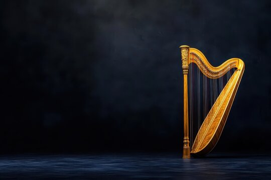 A golden harp standing in the spotlight on a dark stage, golden harp, musical luxury