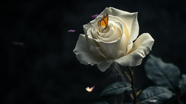 a white rose and beautiful colorful butterflies. seamless looping time-lapse virtual 4k video Animation Background.	