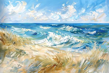 Watercolor illustration of a beautiful summer field landscape by the lake
