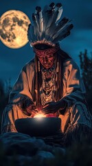 Obraz premium Indigenous man in traditional attire, illuminated by moonlight.