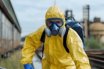 A hazmat suit-clad worker meticulously cleaning up a toxic spill,highlighting the importance of their work in protecting the environment from chemical contamination and environmental damage.