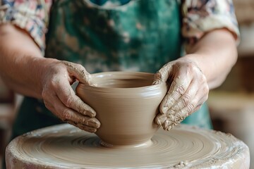 Isolated and focused craftsperson carefully shaping clay on a potter's wheel,their expression serene and concentrated,with natural lighting,professional color grading,low contrast,soft shadows.