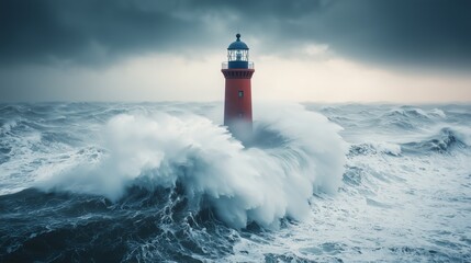 Powerful Waves Crash Against Lighthouse in Stormy Ocean