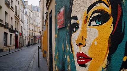 Fototapeta premium A street art mural of a woman's face in Paris, France.