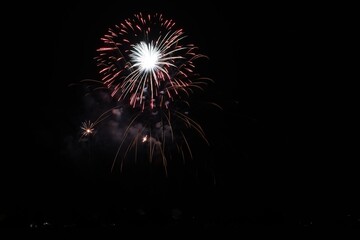 Fireworks show in the black sky. Flaming stars. Scharnhausen. Germany. Europe.