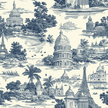A Toile de Jouy seamless pattern with architectural landmarks from around the world 