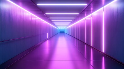 Fototapeta premium A futuristic, brightly lit corridor with pink and blue neon lights.