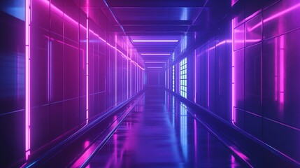 Fototapeta premium A futuristic, brightly lit corridor with pink and blue neon lights.