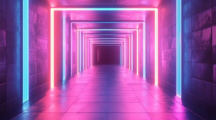 A futuristic, brightly lit hallway with neon lights.