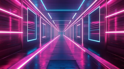 Fototapeta premium A futuristic hallway with glowing pink and blue neon lights.