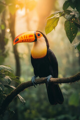 Vibrant toucan with colorful beak perched on branch in lush tropical setting