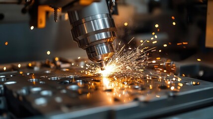 Industrial machine producing sparks during cutting process.