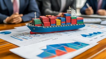 Miniature cargo ship model and shipping containers on a financial chart, symbolizing global trade and logistics investments.