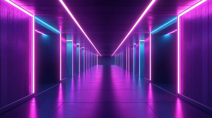 Fototapeta premium A futuristic hallway with glowing blue and pink neon lights.